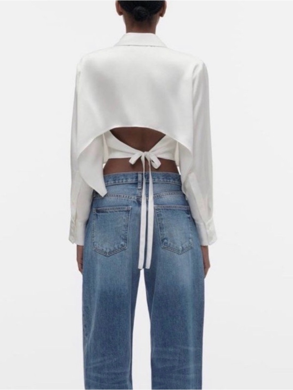 Zara Satin White Tie-Back Crop Blouse